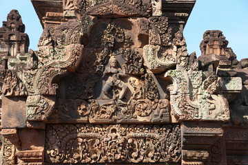 Siem Reap,Cambodia-January 9, 2019: Reliefs in Banteay Srei in Siem Reap, Cambodia
