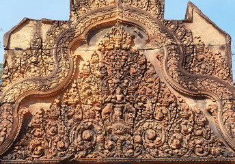 Siem Reap,Cambodia-January 9, 2019: Reliefs in Banteay Srei in Siem Reap, Cambodia
