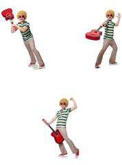 Young man with guitar isolated on white 