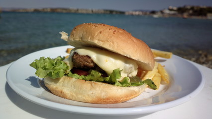 Burger with french fries and salad