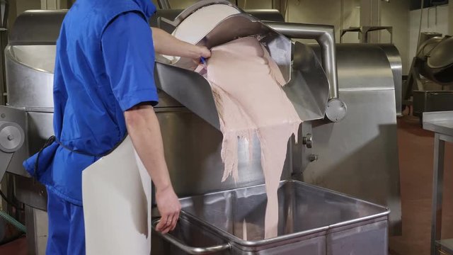 Meat-processing plant. Sausage industry. Final proccess in sausage production. Sausage production line in modern meat factory. Modern food industry. plant and equipment. 4k