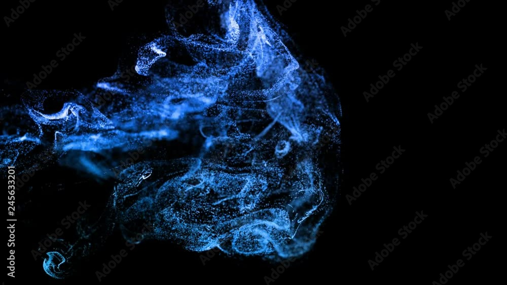 Poster 4k background, animation of complex particles simulation advection with turbulence streams, twirl and curl in viscous fluid in slow motion with deph of filed as alpha channel luma matte. Blue v23