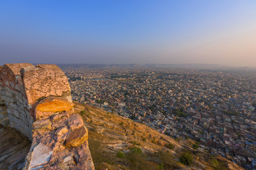 Beautiful sunset view from Nahargarh Fort stands on the edge of the Aravalli Hills, overlooking the city of Jaipur in the Indian state of Rajasthan, India.