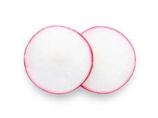 Radish slices isolated on white background. top view