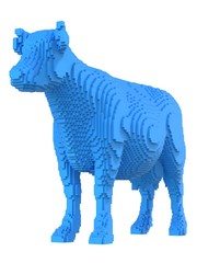 Blue cow from plastic blocks on a white background.