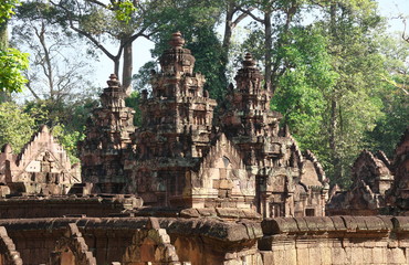 Siem Reap,Cambodia-January 9, 2019: Reliefs in Banteay Srei in Siem Reap, Cambodia
