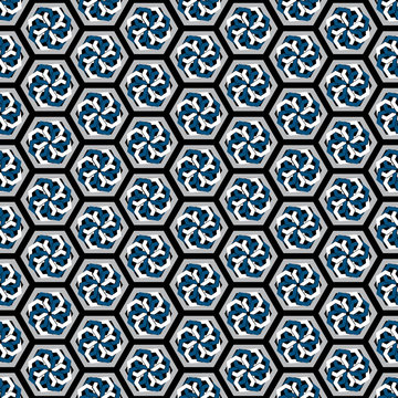 Vector illustration of hexagonal repeat patterns. Blue, grey, black, white elements arranged in honeycomb pattern