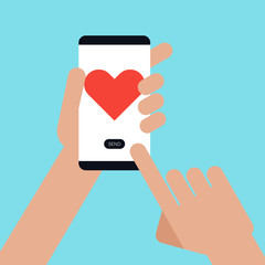 A person sending heart with smartphone Valentine's day concept flat design