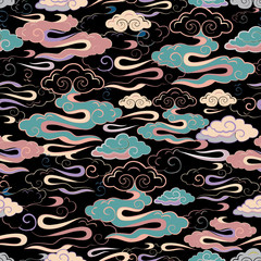Vector Illustration of stylized, abstract, coral, beige, turquoise clouds resembling dragon tails at beautiful lunar twilight. Ideal for fabric