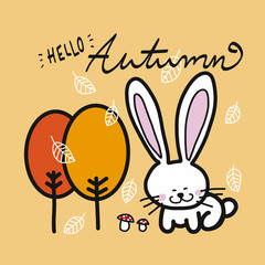 Hello autumn tree, falling leaf, mushroom and white rabbit cartoon vector illustration