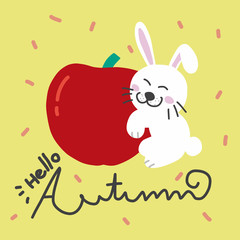 Obraz na płótnie Canvas Hello autumn, white rabbit and red apple cartoon vector illustration