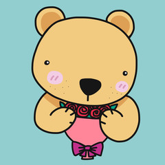 Cute bear with roses bouquet cartoon vector illustration on blue background