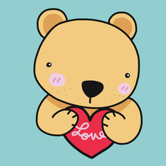 Cute bear with love red heart cartoon vector illustration on blue background