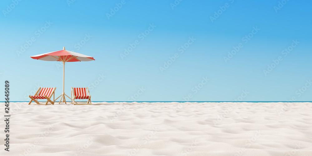 Fototapete Beach umbrella with chairs on the sand. summer vacation concept. 3d rendering