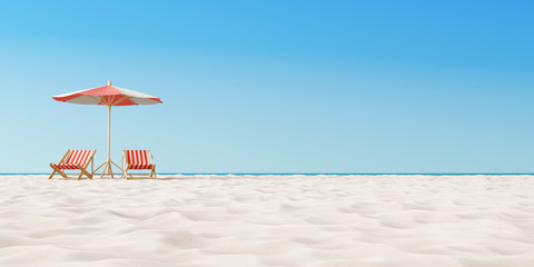 Beach umbrella with chairs on the sand. summer vacation concept. 3d rendering - obrazy, fototapety, plakaty