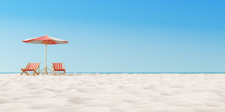Beach umbrella with chairs on the sand. summer vacation concept. 3d rendering