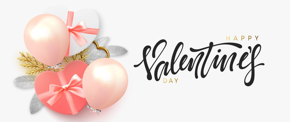 Fototapeta na wymiar Happy Valentine's Day. Design with realistic objects, gift box in the shape of heart, balloons of pink, bright decor elements. Horizontal poster, greeting cards, headers, website. viewed from above.