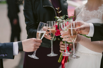 Celebration. Hands holding the glasses of champagne and wine making a toast. The party, wedding, celebration, alcohol, lifestyle, friendship, holiday, christmas, new, year and clinking concept.
