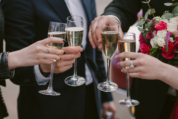Celebration. Hands holding the glasses of champagne and wine making a toast. The party, wedding, celebration, alcohol, lifestyle, friendship, holiday, christmas, new, year and clinking concept.