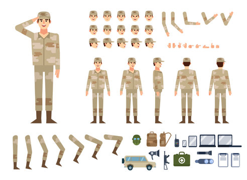 Soldier in military clothing creation kit. Create your own pose, action, animation. Various emotions, gestures, design elements. Flat design vector illustration