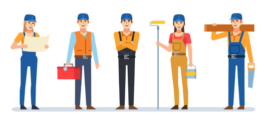 Set of male and female construction workers. Construction team. Flat design vector illustration