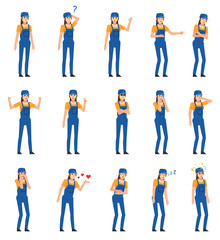 Set of female construction worker characters showing various emotions. Female worker laughing, angry, tired, thinking and showing other emotions. Flat design vector illustration