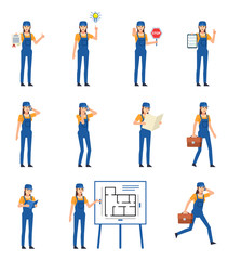 Fototapeta na wymiar Set of female construction worker characters showing various actions. Female worker having idea, reading book, talking on phone and showing other actions. Flat design vector illustration