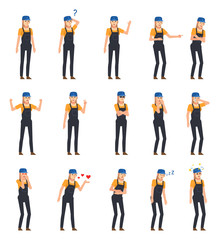 Set of female construction worker in dark overalls showing various emotions. Female worker laughing, angry, tired, thinking and showing other emotions. Flat design vector illustration