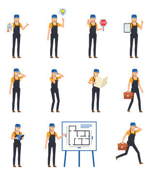 Set of female construction worker in dark overalls showing various actions. Female worker having idea, reading book, talking on phone and showing other actions. Flat design vector illustration