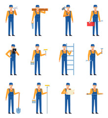 Fototapeta na wymiar Set of construction workers in blue overalls showing various actions. Cheerful workman holding shovel, wrench, toolbox, ladder and other tools. Flat design vector illustration