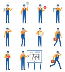 Fototapeta na wymiar Set of workers, couriers or mechanics showing various actions. Cheerful worker holding document, stop sign, reading book, talking on phone and showing other actions. Flat design vector illustration