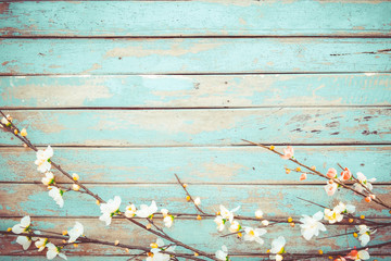 Cherry blossom flowers on vintage wooden background, border design. vintage color tone - concept...