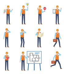Set of consruction workers showing various actions. Worker holding document, stop sign, reading book, talking on phone and showing other actions. Flat design vector illustration