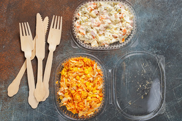 Two salads - Russian salad olivier and carrot salad
