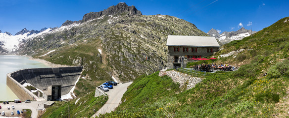 Alpine refuge near Oberaarsee dam in the Bernese Alps, Switzerland