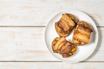  Stew of pork belly with apples, onion and sugar. Aebleflæsk. The view from the top. Copy-space.   