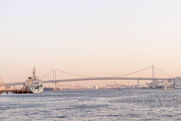 View of Rainbow bridge at sumida river viewpoint in tokyo,Japan