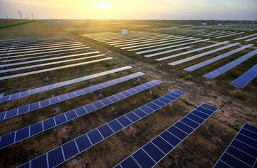 Outdoor solar photovoltaic panel at sunrise