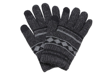 Black woolen knitted gloves isolated on white background
