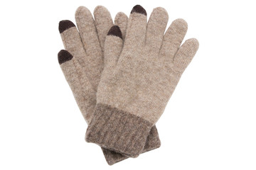 Brown woolen knitted gloves isolated on white background
