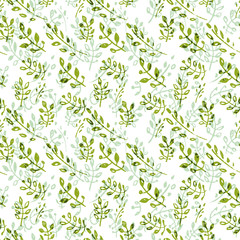 Beautiful background of spring nature. Vector hand drawn doodle green sprigs leaves seamless pattern. Trendy design concept for fashion textile print.
