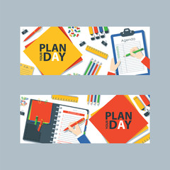 To do list or planning icon concept vector illustration. Paper sheets with check marks,gaps for text, pens, pencils and markers. Hand writing in notebook with stationery banner.