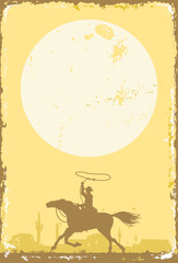 Silhouette of a cowboy riding horse at sunset on  a tin sign, vector