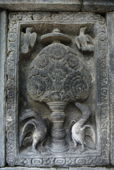 Religious Place Wall lintel decorative Asia Cultural Heritage Stone bas-relief on the wall of Borobudur, Java, Indonesia