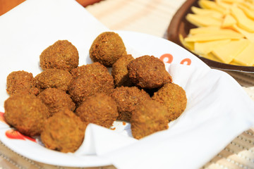 Breakfast food plate open buffet. Egyptian arabic kitchen menu falafel . Tasty healthy vegetarian morning meal dish, food photography closeup