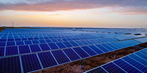 Outdoor solar photovoltaic panel in the sunset