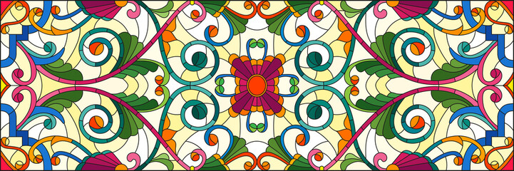 Illustration in stained glass style with abstract  swirls,flowers and leaves  on a light background,horizontal orientation
