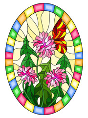 Illustration in stained glass style with pink flowers   and  red butterfly on a yellow  background,oval image in bright frame 