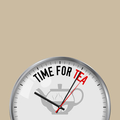 Time for Tea. White Vector Clock with Motivational Slogan. Analog Metal Watch with Glass. Teapot Icon