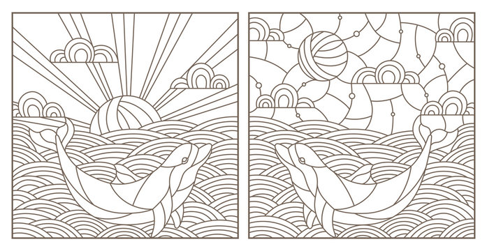 Set contour illustrations with dolphins on the waves and the sky , the dark outline on a white background
